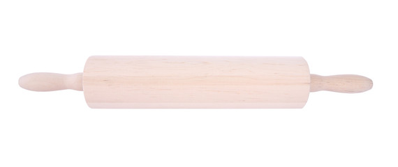 Light wooden rolling pin on white background.
