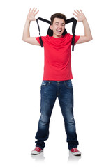 Student with backpack isolated on the white