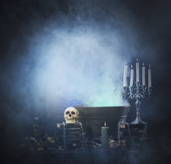Halloween background with a lot of different witchcraft tools