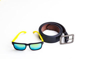 Black leather belt with sport glasses
