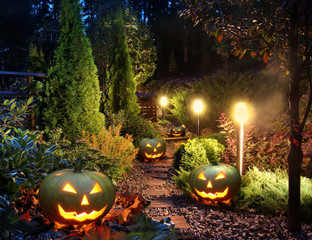 Garden patio with Jack-o-Lanterns