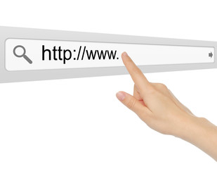 Hand pushing virtual search bar on white background