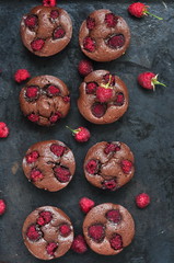 Chocolate brownies with raspberries, selective focus