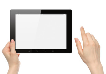 Woman hands hold and touch tablet PC on white background .