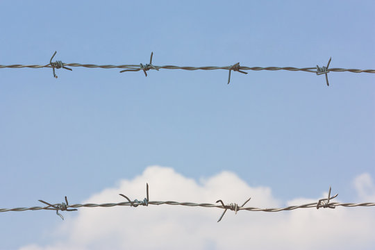 Barb wire on blue sky background