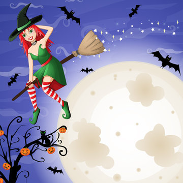 halloween card with sexy red-haired witch flying over moon