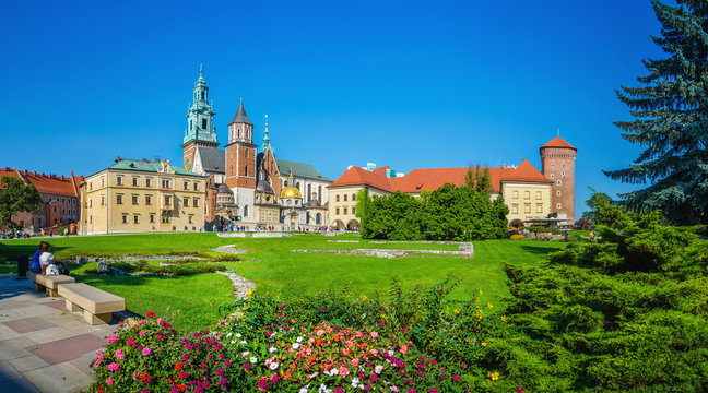 Wawel Castle and cathedral square with flowers, Krakow, Poland