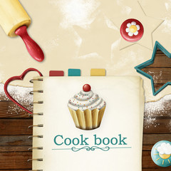 painted baking background: dough, rolling pin, cookie cutters an