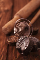 retro kitchen cookies jelly mould utensils tools on old wooden t