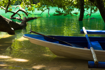 blue boat on green tropical water