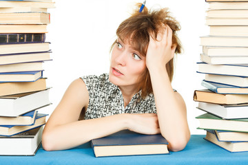 Girl with books isolated on white background. In the library