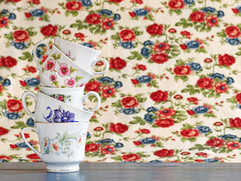 Stack Of Vintage Tea Cups For High Tea