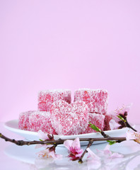 Australian style pink heart shape small lamington cakes