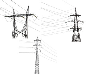set of three electrical pylons isolated on white