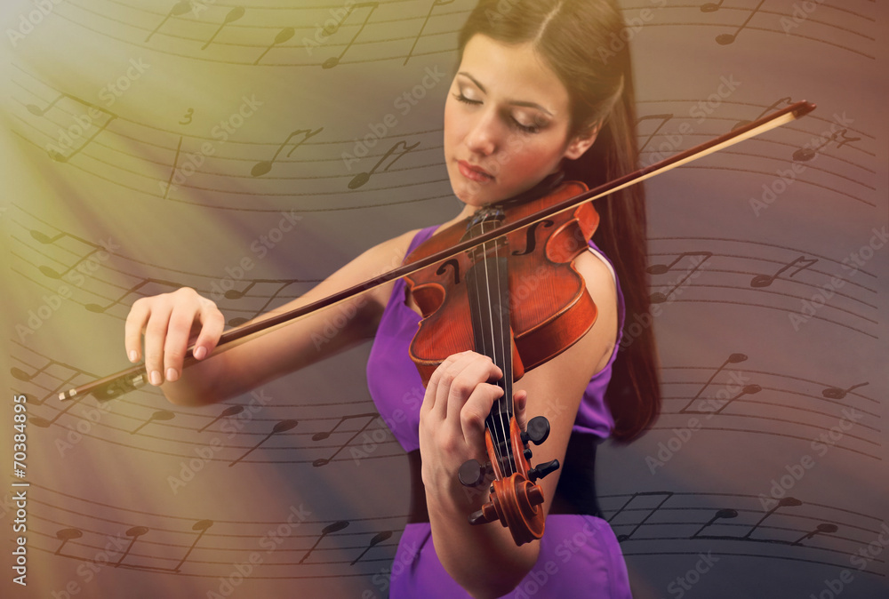 Canvas Prints Beautiful young girl with violin on grey background