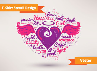 Heart with wings. T-Shirt Stencil Design vector illustration.