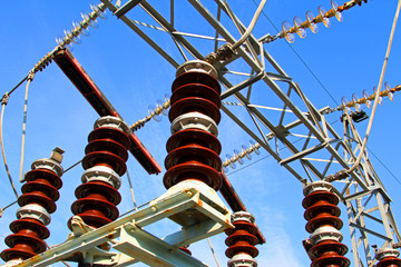 great switchgears and switches HV seen from below in power stati