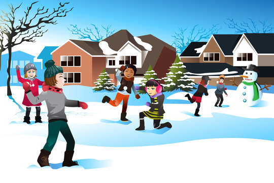 Kids playing snow ball fight
