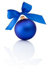 Blue Christmas ball with ribbon bow Isolated on white background