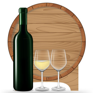 White wine bottle with glass and barrel