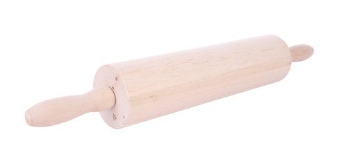 Light wooden rolling pin head on white background.