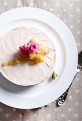 Rose flavor cheesecake  on a white plate