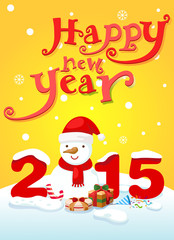 happy new year typography and snowman landscape background vecto