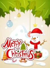 merry christmas typography and snowman landscape background vect