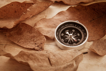 Fototapeta na wymiar Compass and dried leaves on old wooden background, filtered imag
