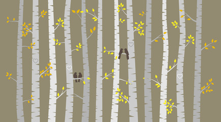 Vector Birch or Aspen Trees with Autumn Leaves and Love Birds