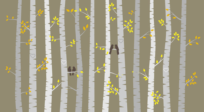 Vector Birch or Aspen Trees with Autumn Leaves and Love Birds © pinkpueblo