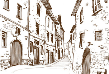 Freehand drawing, showing a narrow European street