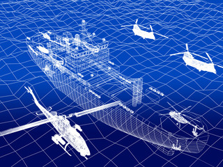 warship with helicopter 3d wire frame on water © Suwatchai