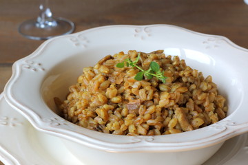 Mushroom farrotto, risotto made out with farro instead of rice