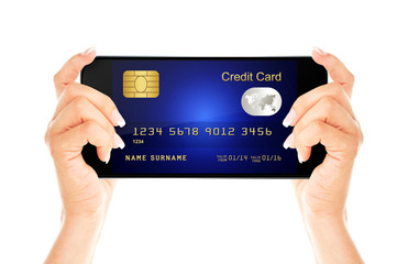 mobile phone with credit card holded by hands isolated over whit