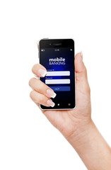 mobile phone with mobile banking log in page holded by hand isol
