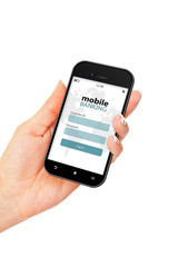mobile phone with mobile banking login page holded by hand isola