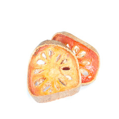 Dry Bael Fruit tea (Aegle marmelos) on white background