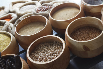 Beans, rice, lentils, oats, wheat, rye and barley in jute sack