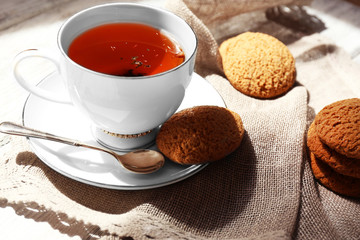 Cup of tea on table, close up