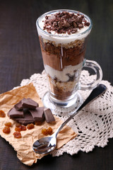 Yogurt, with chocolate cream, chopped chocolate and muesli