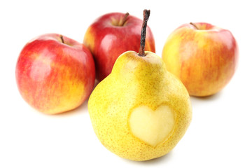Ripe pear and apple with heart isolated on white