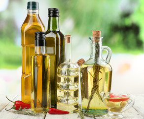 Different sorts of cooking oil, close-up