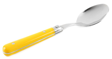Metal spoon with yellow handle isolated on white