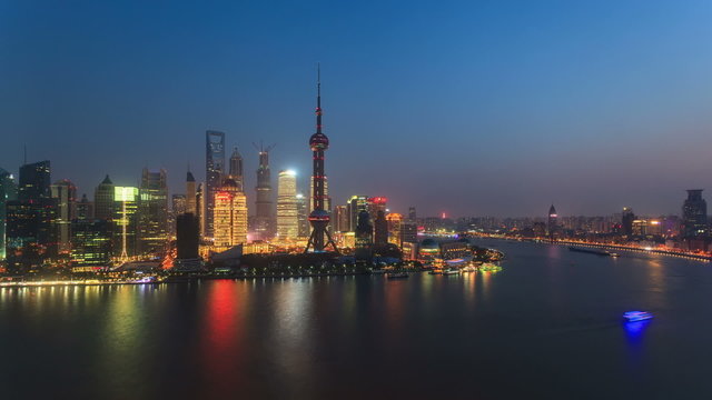 China Shanghai Huangpu River at Dusk, Timelapse.