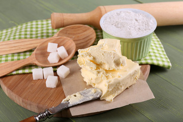 Components of cookies, on color wooden background