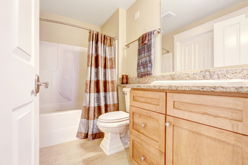 Fototapeta na wymiar Clean bathroom with brown curtain