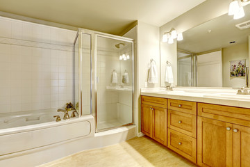 Fototapeta na wymiar Spacious bathroom with bath tub and shower