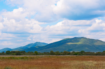 Landscape with mountain views, blue sky and beautiful clouds.