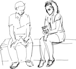 black and white sketch of man and woman on a bench